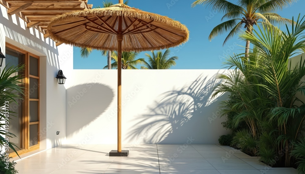 Naklejka premium Sunny tropical patio with white walls wooden pergola and straw umbrella. Rich green plants cast palm leaf shadows on clean floor. Bright daytime sky over exotic vacation spot.