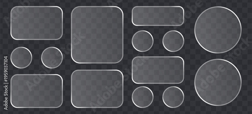 Set of glassmorphism style ui elements, frosted glass buttons and frames, vector illustration