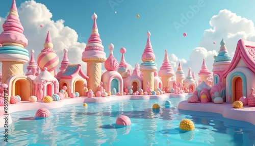 Whimsical candy town with buildings shaped like ice cream cones and lollipops. Pastel colors dominate the sweet landscape with a blue water canal and fluffy clouds.