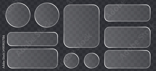 Set of glassmorphism buttons and frames with rounded corners and circles