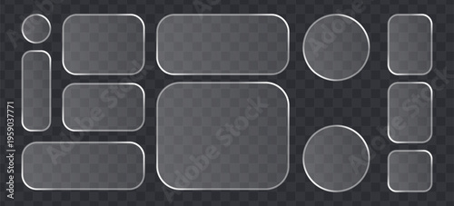 Set of glassmorphism buttons, frosted glass shapes, ui elements for web and mobile design