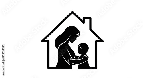 Mother and child silhouette inside a house frame abstract concept of family home and protection