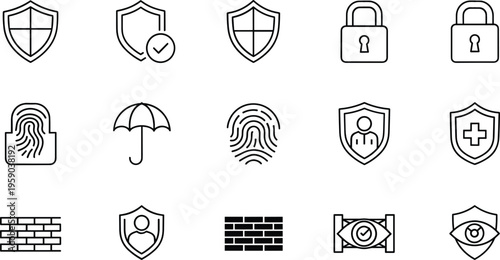 Set of security and protection icons featuring shield lock fingerprint privacy firewall surveillance and safety symbols minimal outline vector collection
