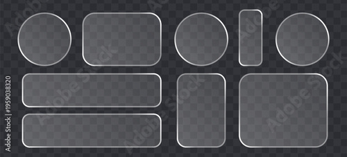 Set of glassmorphism style frames, frosted glass buttons and ui elements for web design