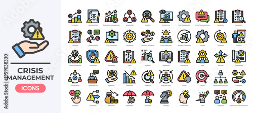 Crisis management icon set featuring risk control, emergency response, recovery planning, and communication icon. Simple linear color vector.