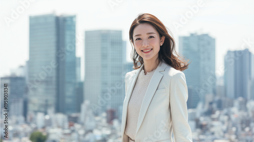 屋上で微笑む女性社員 採用・ビジネスのイメージ