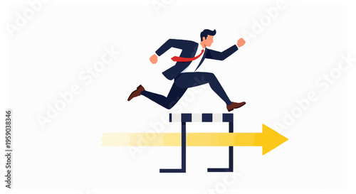 A businessman in a dark blue suit and red tie jumps over a hurdle while a large yellow arrow points forward on a solid white background.