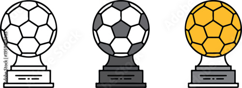 Professional golden soccer ball trophy icon set featuring championship award designs in minimalist line art and flat vector styles.