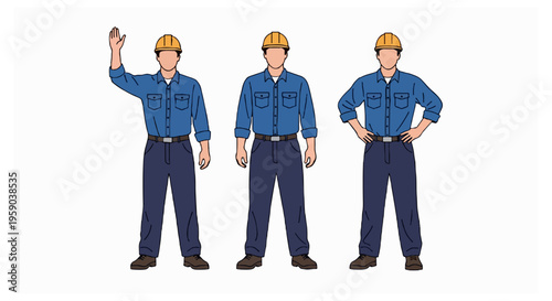 Three identical male construction workers wearing yellow hard hats and blue uniforms stand in different poses against a plain white background.