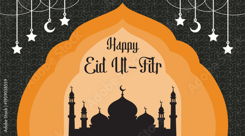Eid Al Fitr Greeting Card Decorative Arch with Mosque Silhouette, Crescent Moon, and Stars for Festive Design
