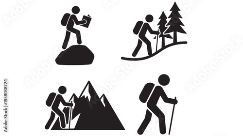 Hikers in various outdoor scenes, including climbing mountains and walking through forests, depicted as simple black stick figures with backpacks and
