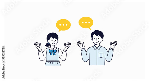 A young female student and an older man stand facing each other with raised hands and yellow speech bubbles on a white background.