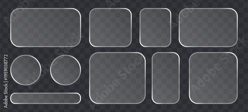 Set of glassmorphism style ui elements, frosted glass buttons and frames for web design