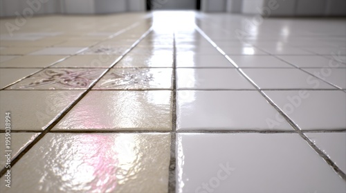 Polished White Tiles Reflecting Light Across a Clean Floor Surface with Subtle Patterns