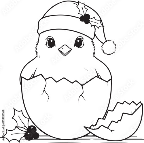 Chick eggshell festive hat holly line art vector illustration
