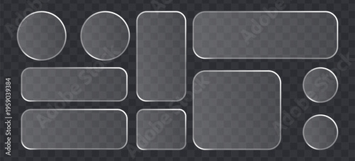 Set of glassmorphism buttons and frames, frosted glass ui elements for web design