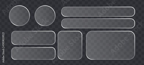 Set of glassmorphism frosted glass buttons and ui elements with rounded corners
