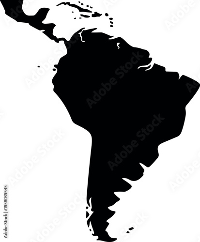 South America map silhouette with detailed continent outline in minimalist black vector design
