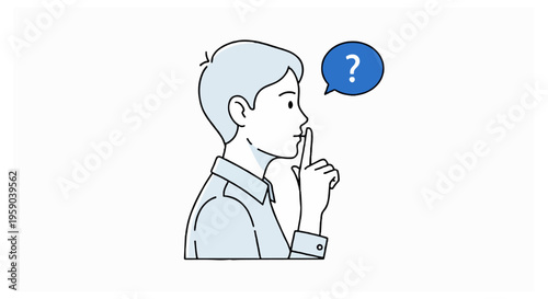 A side profile illustration of a young man with light blue hair making a shushing gesture while a blue question mark speech bubble floats above him.