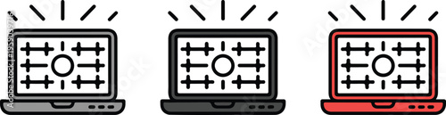 Professional laptop computer target icon set featuring data analysis and cybersecurity tracking symbols in minimalist line art and flat vector styles.