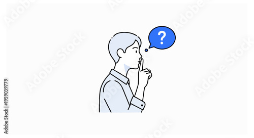 A profile view illustration of a man wearing a light blue shirt holding his index finger to his lips next to a blue question mark speech bubble.