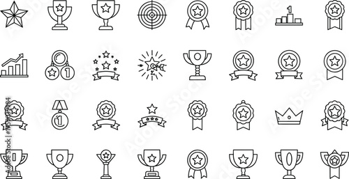 Achievement and award icons set with trophies, medals, badges, stars and ranking symbols outline vector illustration collectionPrint