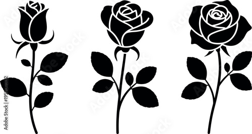 Rose flower silhouette set with stems and leaves in minimalist floral black vector style