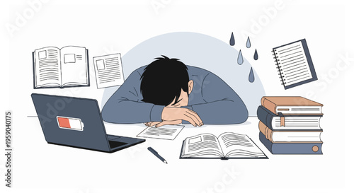 An illustration of a tired student with black hair sleeping face down on a desk covered in books and a laptop with a low battery warning icon.