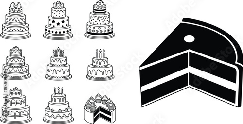 Hand drawn cake collection vector set with birthday cakes slice illustration and bakery dessert doodle elements for celebration design