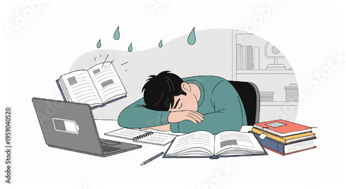An illustration of a student wearing a green sweater sleeping on a desk filled with books and a laptop displaying a low battery symbol on the screen.