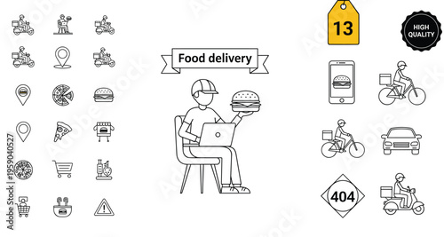 Food delivery service line icons vector set with courier scooter restaurant order tracking fast delivery and ecommerce logistics symbols
