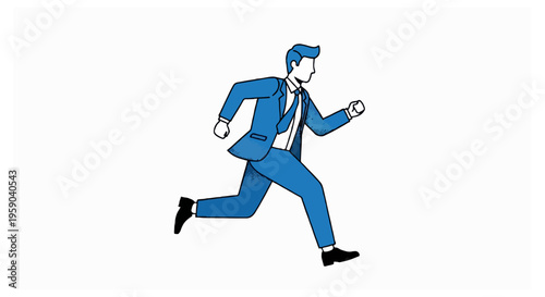 A side view illustration of a man in a solid blue business suit and tie running quickly with his arms bent and legs extended in a stride.