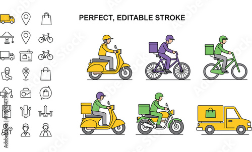 Delivery and transportation icons set with scooter, bicycle, courier, truck and logistics symbols editable stroke vector illustration collection