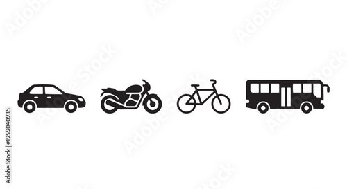 Transport Icon Set Car Motorcycle Bicycle Bus, Solid Black Minimal Vehicle Icons, Clean White Background
