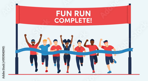 Diverse Runners Celebrate Crossing the Finish Line at Fun Run Event
