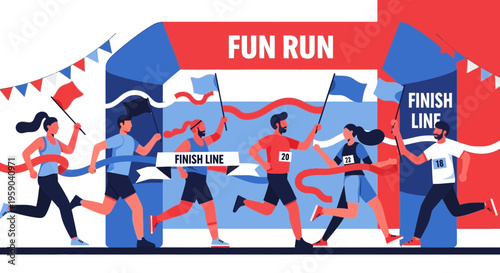 Diverse Runners Competing At The Finish Line Of A Fun Run Race Celebration