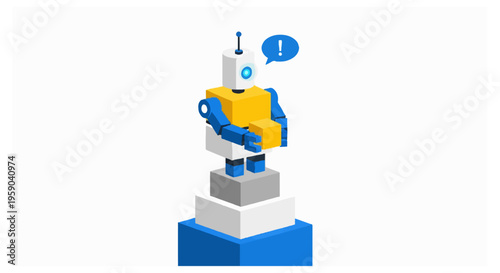 An isometric robot with a white head and yellow body holds a cube while standing on a tiered grey and white pedestal on a white background.