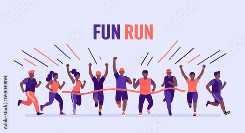 Diverse Runners Cross Finish Line Celebrating Victory and Fitness Achievements