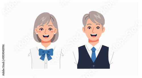 A senior woman with a blue bow and a senior man with a blue tie and dark vest look surprised and happy on a white background.