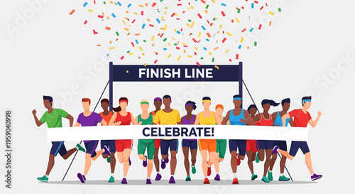 Diverse Runners Cross Finish Line With Confetti Celebration