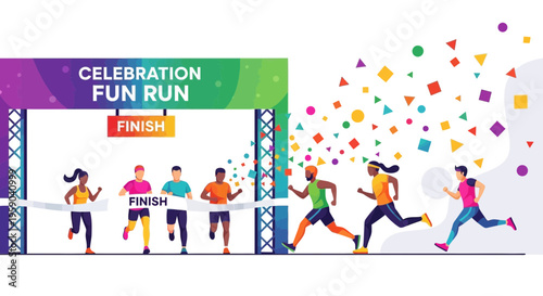 Diverse Runners Cross Finish Line In Celebration Fun Run With Confetti