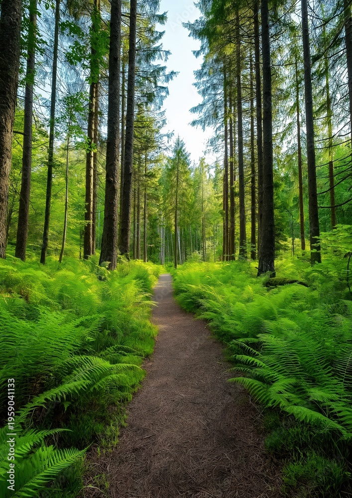 Fototapeta premium Forest path leading into sunlight between vibrant green ferns and towering pine and spruce trees creating a peaceful woodland scene