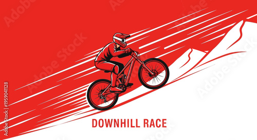 Downhill Mountain Biker Racing Through the Mountains On a Red and White Illustration