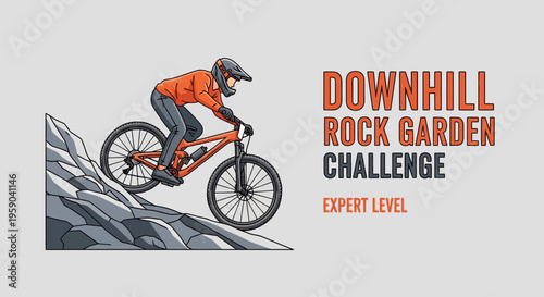 Downhill Mountain Biker Tackling Expert Rock Garden Challenge Depicting Extreme Sports