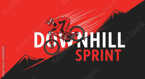 Downhill Mountain Biking Race Illustration in Red and Black Colors Vector Design
