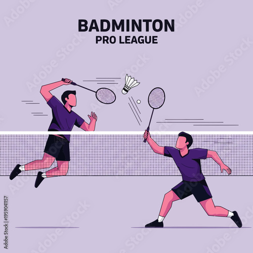 Dynamic Badminton Players in Action During Professional League Match Vector Illustration