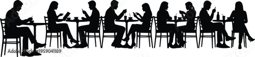 People sitting in cafe using smartphones highlighting social media addiction modern communication lifestyle technology isolation silhouette vector illustration concept