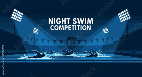 Dramatic Depiction Of Night Swim Competition In Stadium With Powerful Lighting