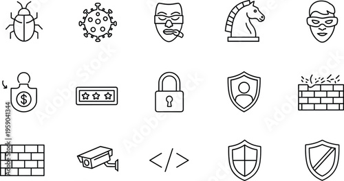 Set of cybersecurity and protection icons featuring virus bug hacker mask firewall shield lock password and security system vector collection