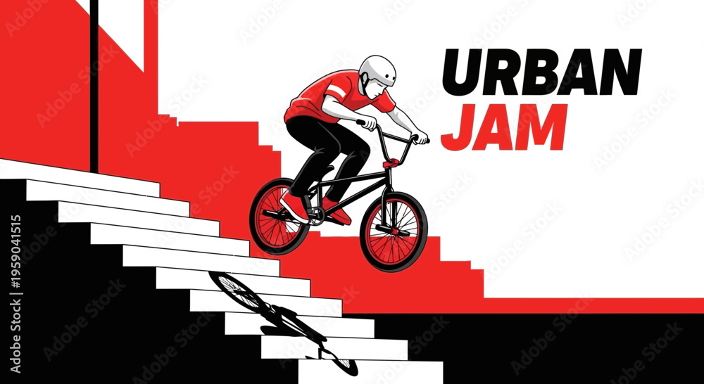 Fototapeta premium Dynamic BMX Rider Performing Extreme Stunts Down Urban Stairs